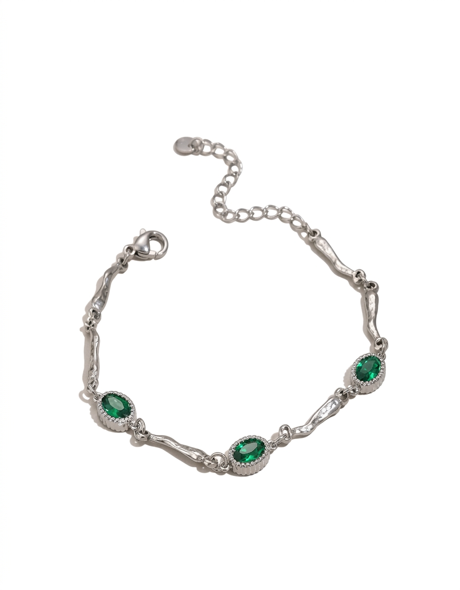 Pulsera Plateada Ovalos Verdes