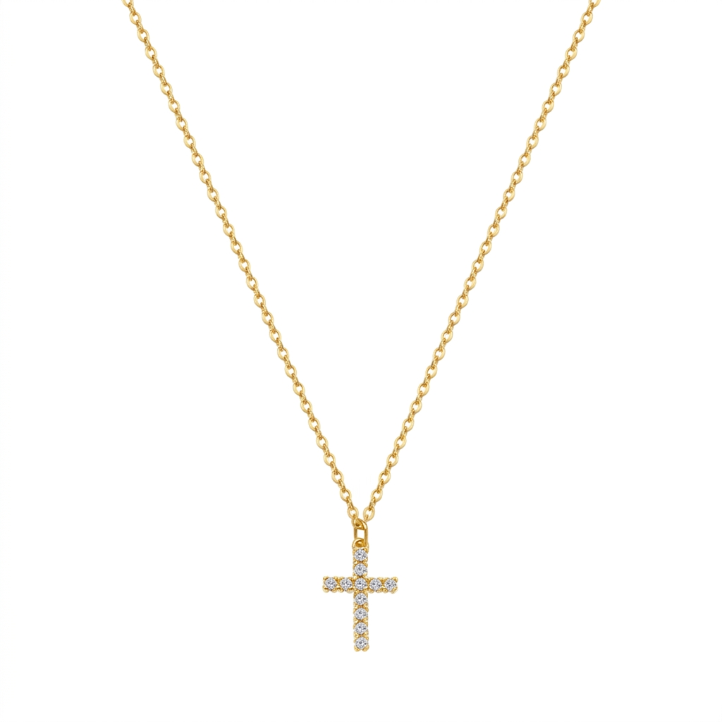 Collar de cruz dorado mini con zirconias