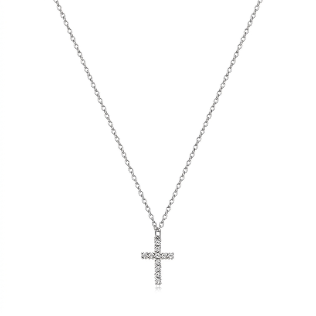 Collar de cruz plateado mini con zirconias